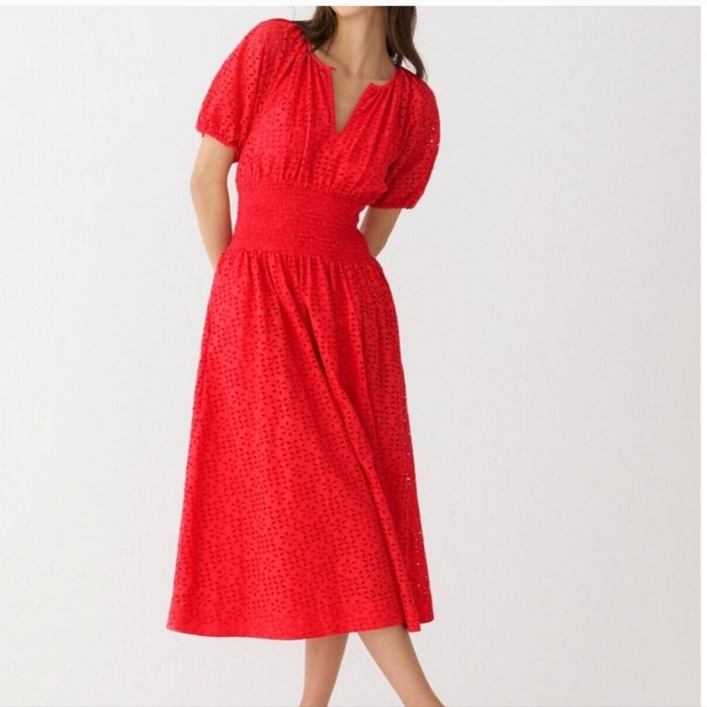 J Crew Eyelet Smocked Waist Red Dress